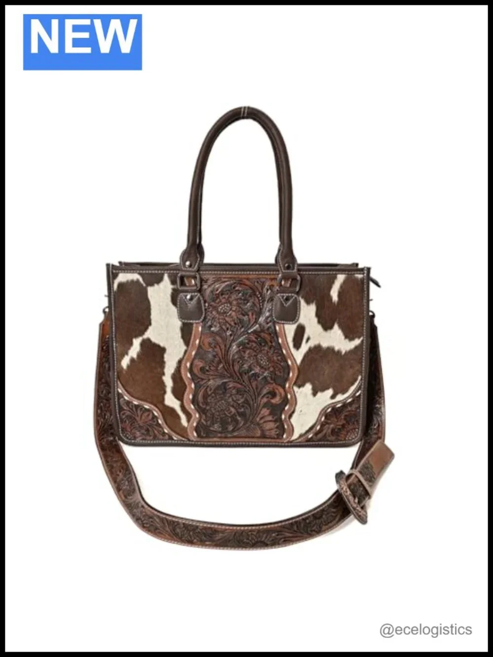 Western Leather Tote Bag Hand-Tooled Cowhide Hair-On Shoulder Purse